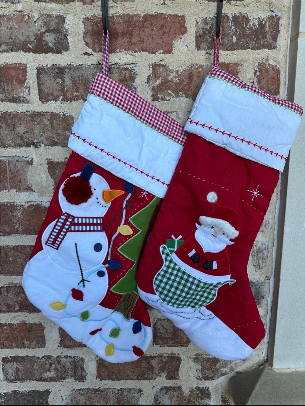 2 Pottery Barn Kids red Quilted Christmas Stocking:Snowman+Santa
